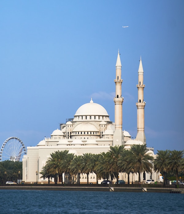 Expert tour guide at Abu Dhabi tourist attraction with group of visitors